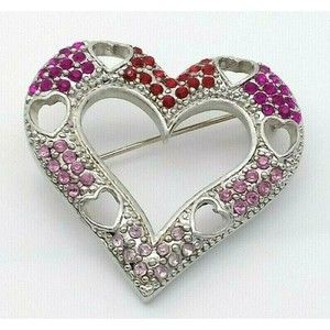 Vintage Heart Valentine Brooch Pin Red Pink Crystal Rhinestones Silver Tone